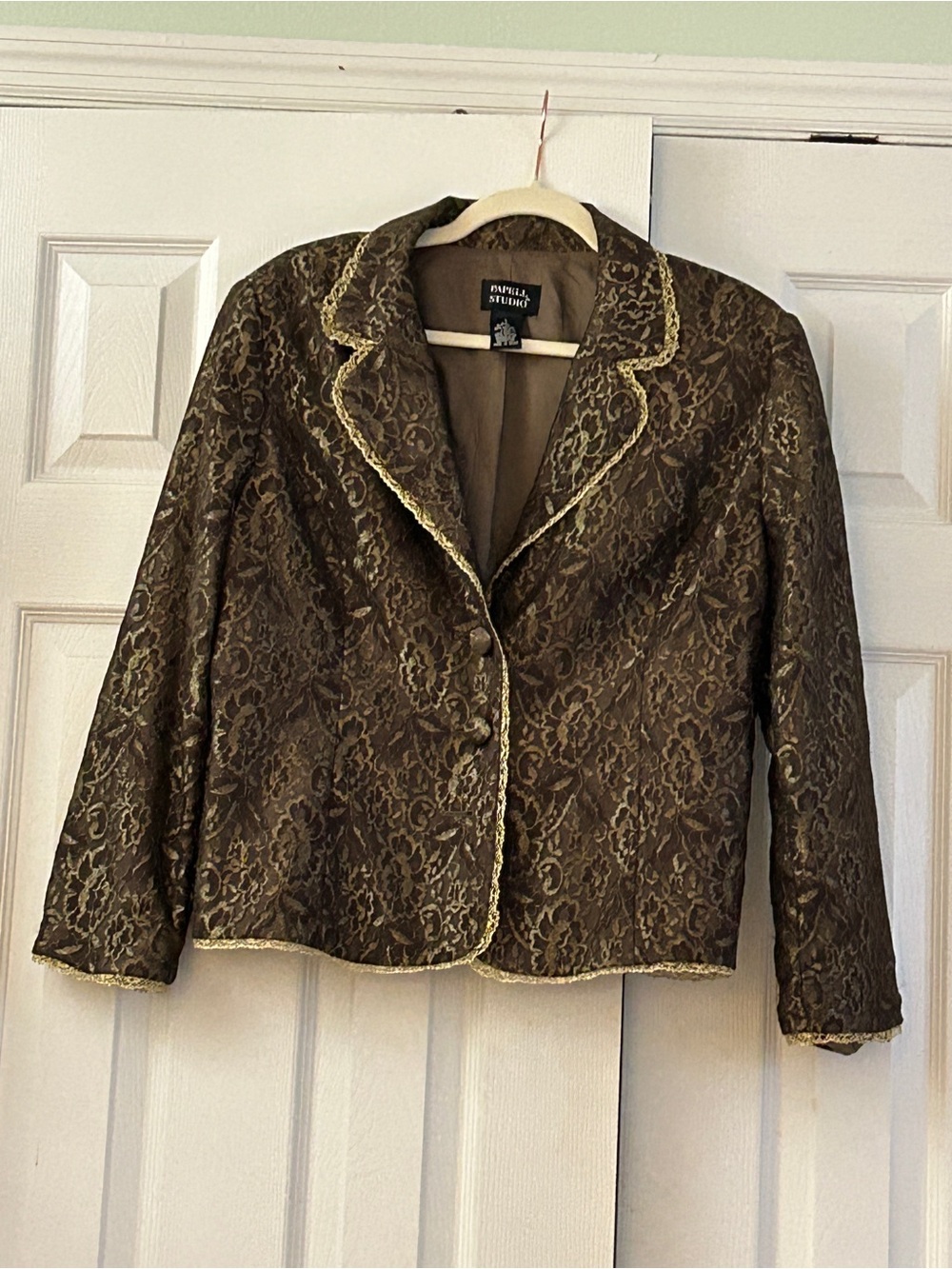 Vtg Papell Boutique Brocade Blazer Jacket Large Gold Brown Coquette Whimsigoth L